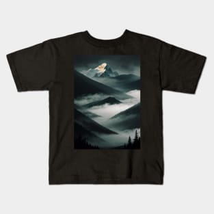 Mountainous Gray Scale Valley With Mist Kids T-Shirt